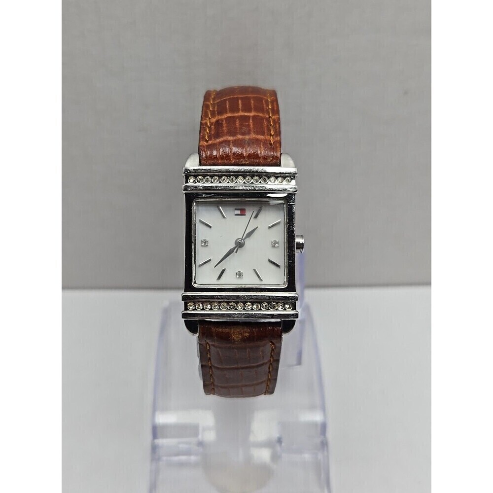 Tommy Hilfiger Womens Square Crystal Quartz Watch Brown Leather New Battery Slim